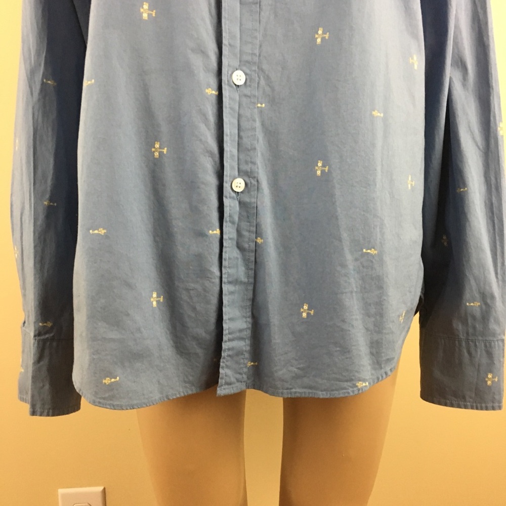 J Crew Large Button Down Blue Airplane Pilot Plane - image 3